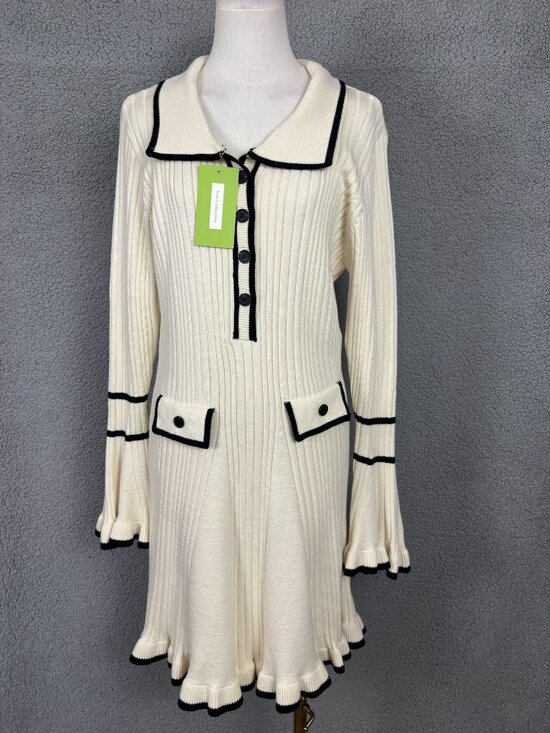 New Collection Dresses & Skirts - Women's Ribbed Knit Sweater Mini Dress Cream -Black Trim -Size XL New With Tags.